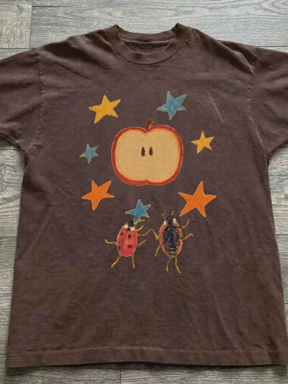 Gildan Dark Chocolate Graphic Apple & Bugs T-Shirt